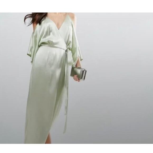 ASOS Kimono Plunge V Neck Mint Green Wrap Maxi Dress With Cold Shoulder Size 12 - Picture 1 of 12